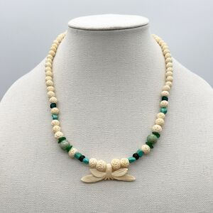 Vintage Hand Carved Bovine Bone Cream Turquoise Flower Necklace Organic 20.5”